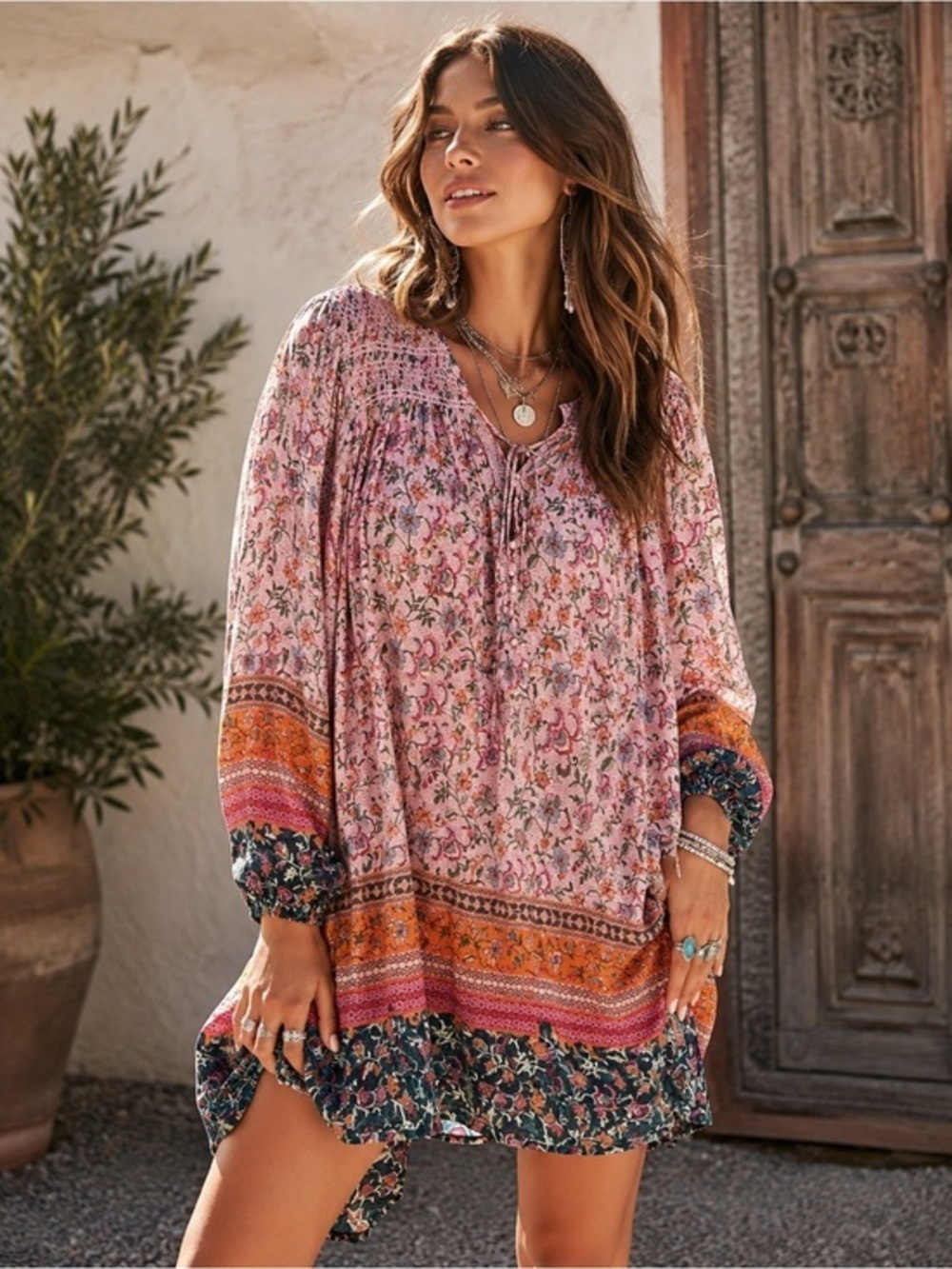 Johnny Was Maha Long Sleeve Mini Shift Dress Small Boho Quiet Luxury Floral